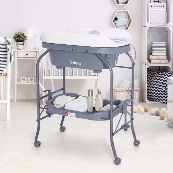 INFANS 2 in 1 Baby Changing Table with Bath Tub Unit, Folding Diaper Dresser Station with Wheels Waterproof Pad Storage Rack, Portable Nursery Organizer Stand for Newborn Infant 