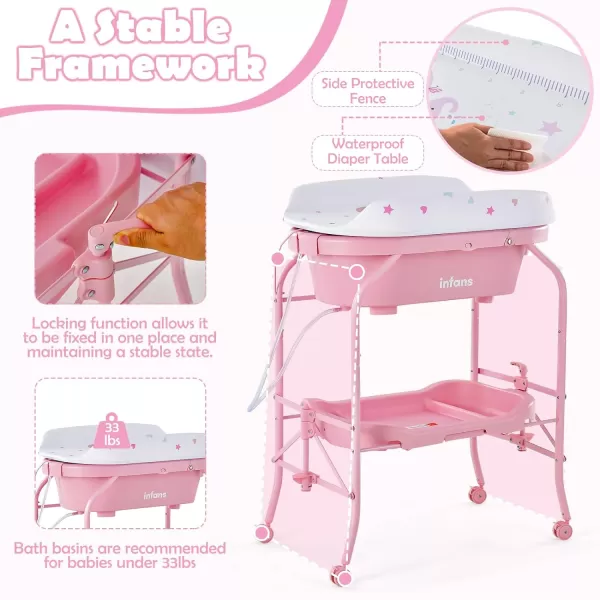 INFANS 2 in 1 Baby Changing Table with Bath Tub Unit, Folding Diaper Dresser Station with Wheels Waterproof Pad Storage Rack, Portable Nursery Organizer Stand for Newborn Infant 