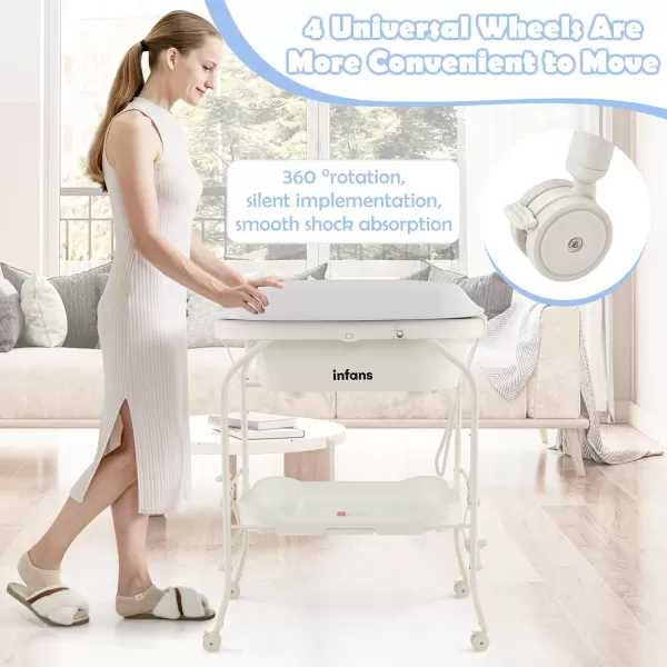 INFANS 2 in 1 Baby Changing Table with Bath Tub Unit, Folding Diaper Dresser Station with Wheels Waterproof Pad Storage Rack, Portable Nursery Organizer Stand for Newborn Infant 
