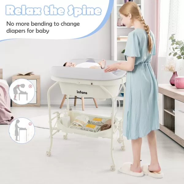 INFANS 2 in 1 Baby Changing Table with Bath Tub Unit, Folding Diaper Dresser Station with Wheels Waterproof Pad Storage Rack, Portable Nursery Organizer Stand for Newborn Infant 