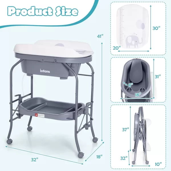 INFANS 2 in 1 Baby Changing Table with Bath Tub Unit, Folding Diaper Dresser Station with Wheels Waterproof Pad Storage Rack, Portable Nursery Organizer Stand for Newborn Infant 