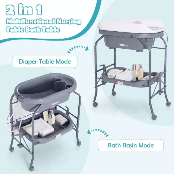 INFANS 2 in 1 Baby Changing Table with Bath Tub Unit, Folding Diaper Dresser Station with Wheels Waterproof Pad Storage Rack, Portable Nursery Organizer Stand for Newborn Infant 