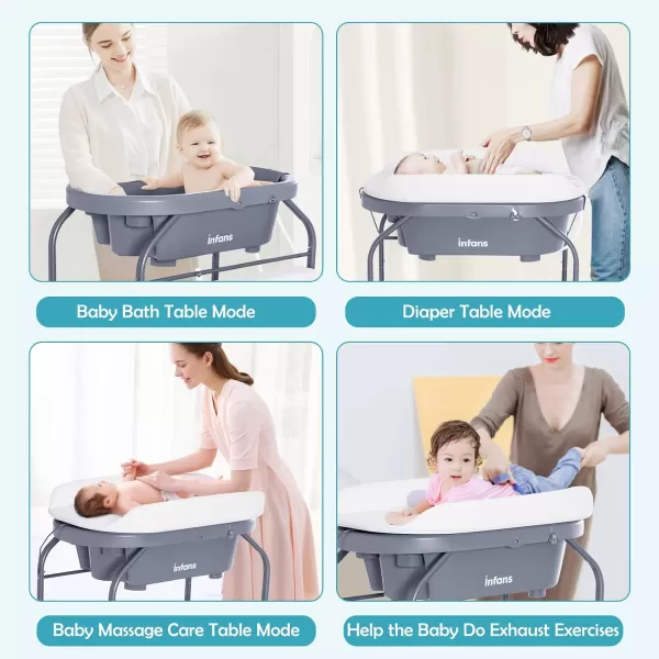 INFANS 2 in 1 Baby Changing Table with Bath Tub Unit, Folding Diaper Dresser Station with Wheels Waterproof Pad Storage Rack, Portable Nursery Organizer Stand for Newborn Infant 