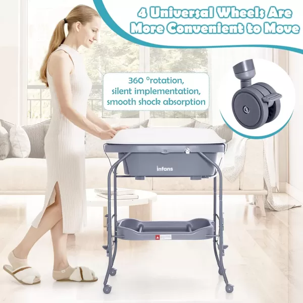 INFANS 2 in 1 Baby Changing Table with Bath Tub Unit, Folding Diaper Dresser Station with Wheels Waterproof Pad Storage Rack, Portable Nursery Organizer Stand for Newborn Infant 
