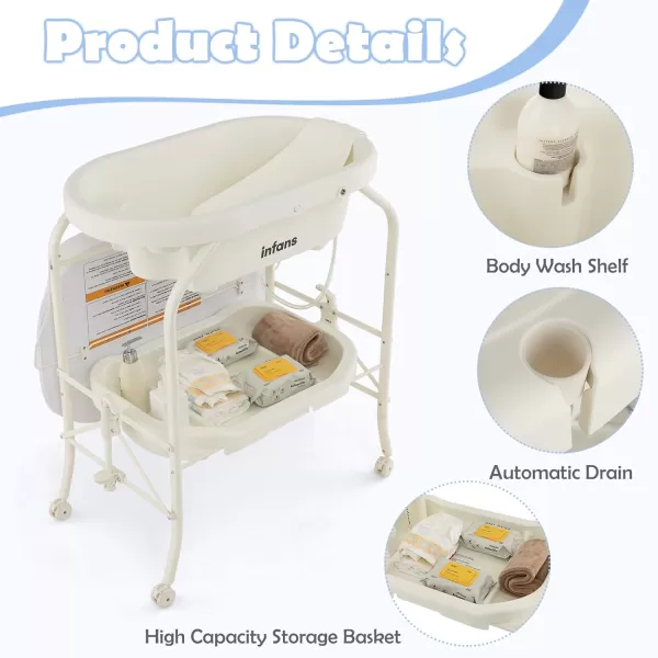 INFANS 2 in 1 Baby Changing Table with Bath Tub Unit, Folding Diaper Dresser Station with Wheels Waterproof Pad Storage Rack, Portable Nursery Organizer Stand for Newborn Infant 