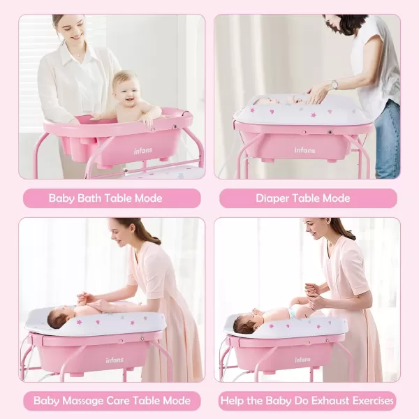 INFANS 2 in 1 Baby Changing Table with Bath Tub Unit, Folding Diaper Dresser Station with Wheels Waterproof Pad Storage Rack, Portable Nursery Organizer Stand for Newborn Infant 