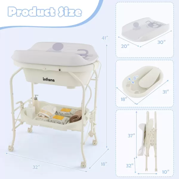 INFANS 2 in 1 Baby Changing Table with Bath Tub Unit, Folding Diaper Dresser Station with Wheels Waterproof Pad Storage Rack, Portable Nursery Organizer Stand for Newborn Infant 