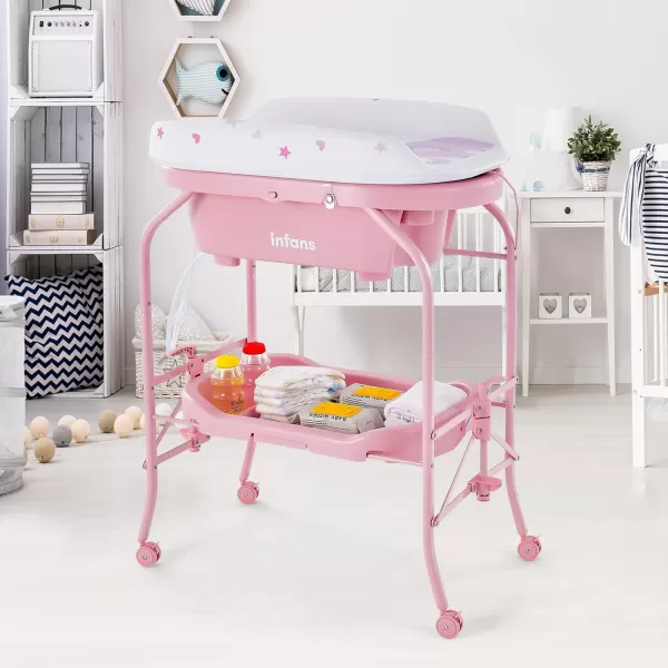 INFANS 2 in 1 Baby Changing Table with Bath Tub Unit, Folding Diaper Dresser Station with Wheels Waterproof Pad Storage Rack, Portable Nursery Organizer Stand for Newborn Infant 