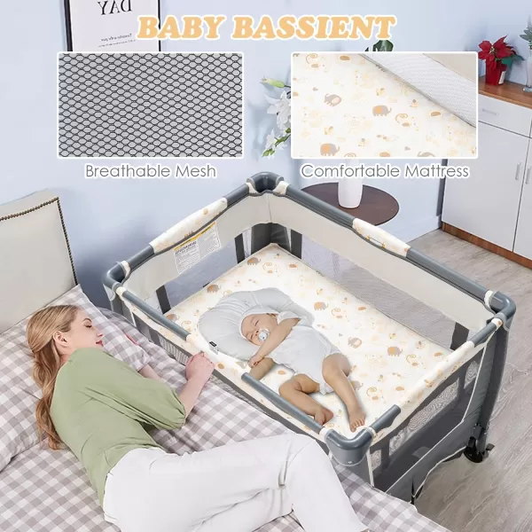 INFANS 4 in 1 Pack and Play, Portable Nursery Center for Baby Kid Infant, Travel Playard with Bassinet, Mattress, Diaper Changer, Bag, Toys, Music Box, Storage Basket 