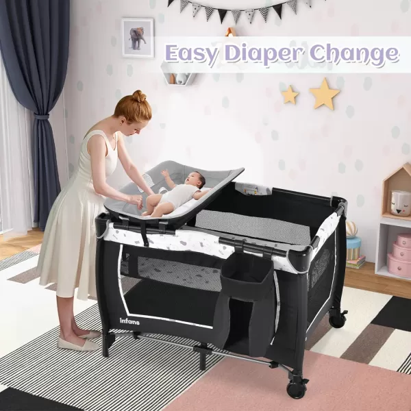 INFANS 4 in 1 Pack and Play, Portable Nursery Center for Baby Kid Infant, Travel Playard with Bassinet, Mattress, Diaper Changer, Bag, Toys, Music Box, Storage Basket 