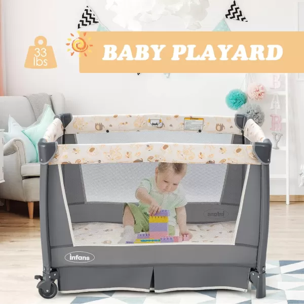INFANS 4 in 1 Pack and Play, Portable Nursery Center for Baby Kid Infant, Travel Playard with Bassinet, Mattress, Diaper Changer, Bag, Toys, Music Box, Storage Basket 