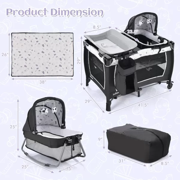 INFANS 4 in 1 Pack and Play, Portable Nursery Center for Baby Kid Infant, Travel Playard with Bassinet, Mattress, Diaper Changer, Bag, Toys, Music Box, Storage Basket 
