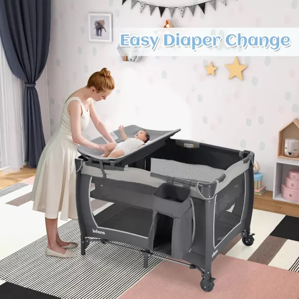 INFANS 4 in 1 Pack and Play, Portable Nursery Center for Baby Kid Infant, Travel Playard with Bassinet, Mattress, Diaper Changer, Bag, Toys, Music Box, Storage Basket 