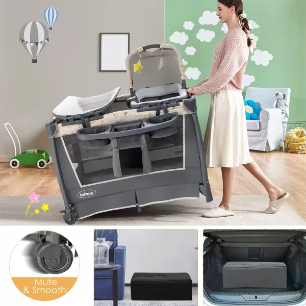 INFANS 4 in 1 Pack and Play, Portable Nursery Center for Baby Kid Infant, Travel Playard with Bassinet, Mattress, Diaper Changer, Bag, Toys, Music Box, Storage Basket 