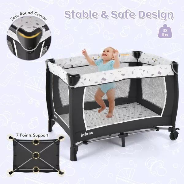 INFANS 4 in 1 Pack and Play, Portable Nursery Center for Baby Kid Infant, Travel Playard with Bassinet, Mattress, Diaper Changer, Bag, Toys, Music Box, Storage Basket 