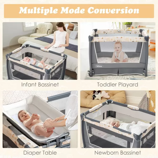 INFANS 4 in 1 Pack and Play, Portable Nursery Center for Baby Kid Infant, Travel Playard with Bassinet, Mattress, Diaper Changer, Bag, Toys, Music Box, Storage Basket 