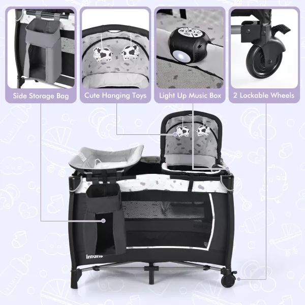 INFANS 4 in 1 Pack and Play, Portable Nursery Center for Baby Kid Infant, Travel Playard with Bassinet, Mattress, Diaper Changer, Bag, Toys, Music Box, Storage Basket 