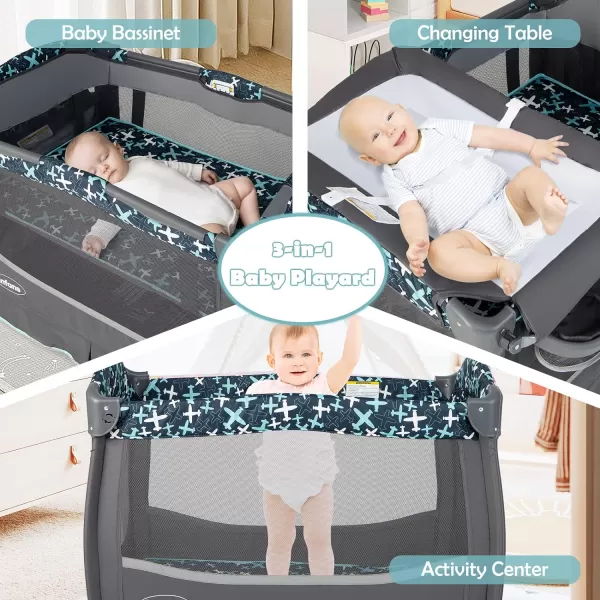 INFANS 4 in 1 Pack and Play, Portable Nursery Center for Baby Kid Infant, Travel Playard with Bassinet, Mattress, Diaper Changer, Toys, Music Box, Storage Basket 