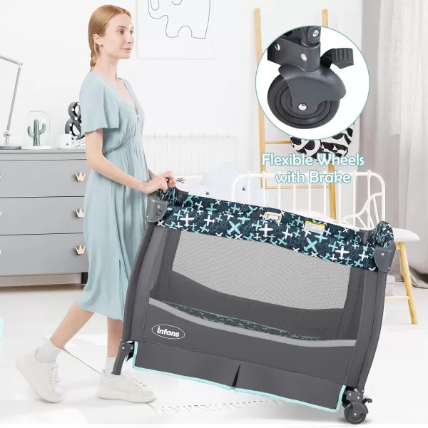 INFANS 4 in 1 Pack and Play, Portable Nursery Center for Baby Kid Infant, Travel Playard with Bassinet, Mattress, Diaper Changer, Toys, Music Box, Storage Basket 