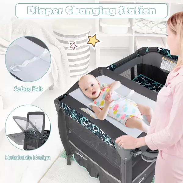 INFANS 4 in 1 Pack and Play, Portable Nursery Center for Baby Kid Infant, Travel Playard with Bassinet, Mattress, Diaper Changer, Toys, Music Box, Storage Basket 
