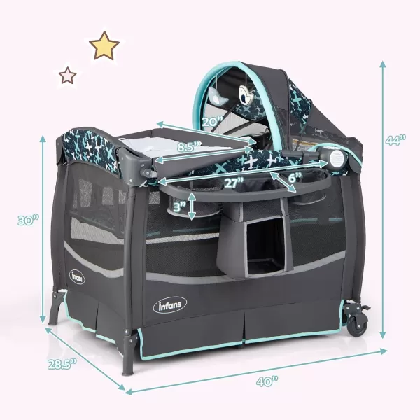 INFANS 4 in 1 Pack and Play, Portable Nursery Center for Baby Kid Infant, Travel Playard with Bassinet, Mattress, Diaper Changer, Toys, Music Box, Storage Basket 