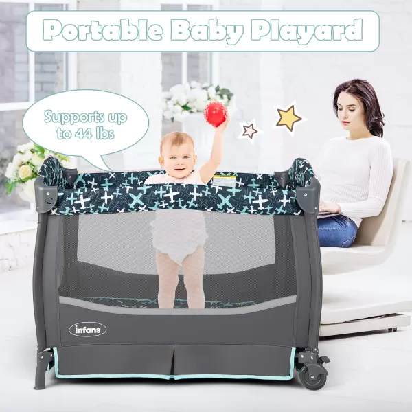 INFANS 4 in 1 Pack and Play, Portable Nursery Center for Baby Kid Infant, Travel Playard with Bassinet, Mattress, Diaper Changer, Toys, Music Box, Storage Basket 