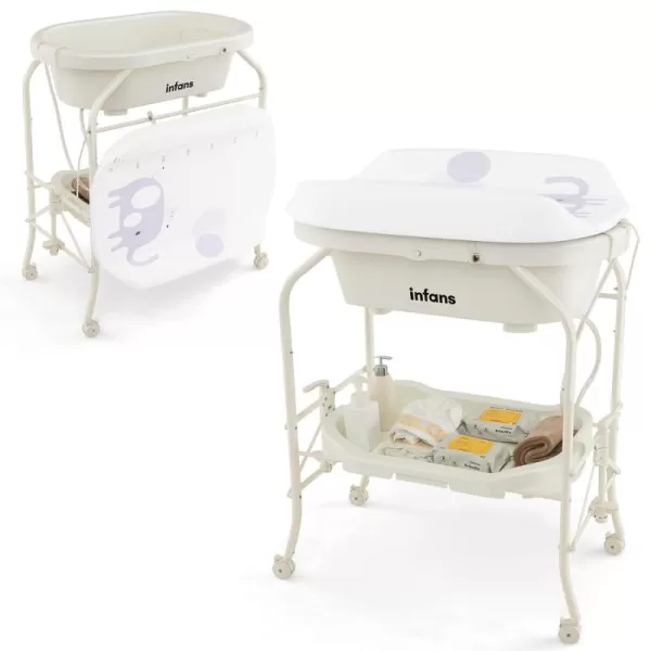 INFANS 2 in 1 Baby Changing Table with Bath Tub Unit, Folding Diaper Dresser Station with Wheels Waterproof Pad Storage Rack, Portable Nursery Organizer Stand for Newborn Infant 