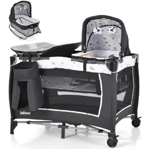 INFANS 4 in 1 Pack and Play, Portable Nursery Center for Baby Kid Infant, Travel Playard with Bassinet, Mattress, Diaper Changer, Bag, Toys, Music Box, Storage Basket 