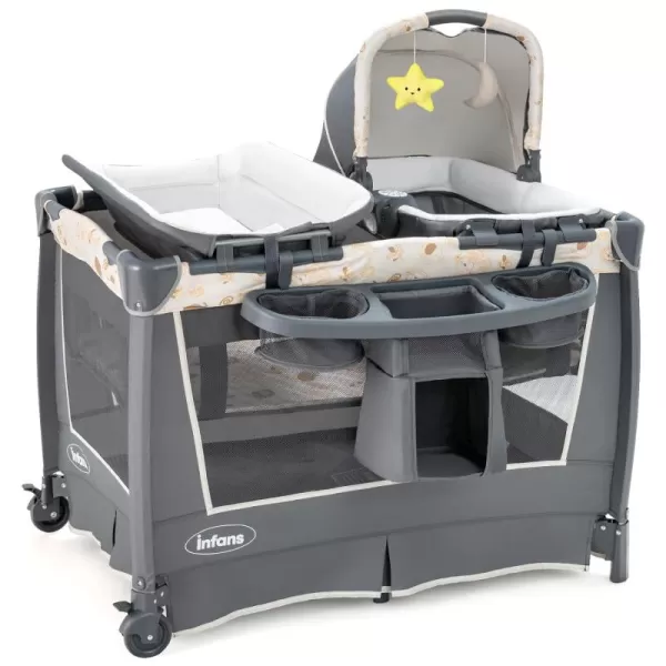 INFANS 4 in 1 Pack and Play, Portable Nursery Center for Baby Kid Infant, Travel Playard with Bassinet, Mattress, Diaper Changer, Bag, Toys, Music Box, Storage Basket 