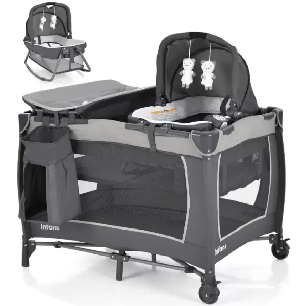 INFANS 4 in 1 Pack and Play, Portable Nursery Center for Baby Kid Infant, Travel Playard with Bassinet, Mattress, Diaper Changer, Bag, Toys, Music Box, Storage Basket 
