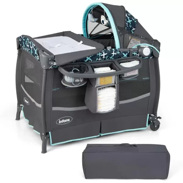 INFANS 4 in 1 Pack and Play, Portable Nursery Center for Baby Kid Infant, Travel Playard with Bassinet, Mattress, Diaper Changer, Toys, Music Box, Storage Basket 