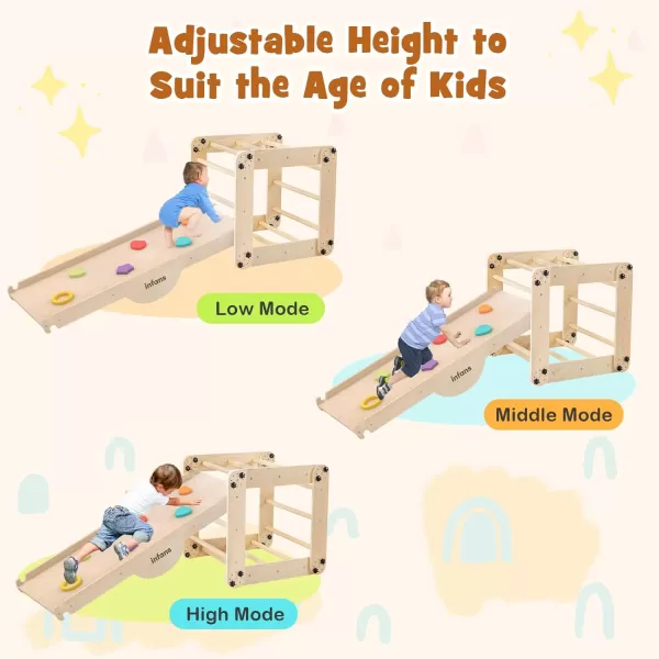 INFANS 7 in 1 Climbing Toys for Toddlers, Upgrade Wooden Montessori Cube Climber Set with Reversible Ramp Slide Ladder Seesaw, Indoor Pikler Climb Activity Jungle Gym Present for Kids Age 3+