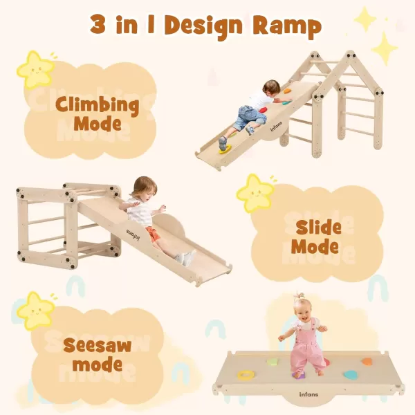 INFANS 7 in 1 Climbing Toys for Toddlers, Upgrade Wooden Montessori Cube Climber Set with Reversible Ramp Slide Ladder Seesaw, Indoor Pikler Climb Activity Jungle Gym Present for Kids Age 3+