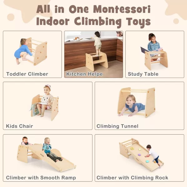 INFANS 7 in 1 Climbing Toys for Toddlers, Upgrade Wooden Montessori Cube Climber Set with Reversible Ramp Slide Ladder Seesaw, Indoor Pikler Climb Activity Jungle Gym Present for Kids Age 3+