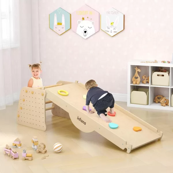 INFANS 7 in 1 Climbing Toys for Toddlers, Upgrade Wooden Montessori Cube Climber Set with Reversible Ramp Slide Ladder Seesaw, Indoor Pikler Climb Activity Jungle Gym Present for Kids Age 3+
