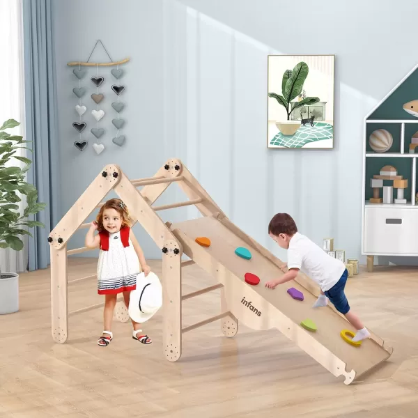 INFANS 7 in 1 Climbing Toys for Toddlers, Upgrade Wooden Montessori Cube Climber Set with Reversible Ramp Slide Ladder Seesaw, Indoor Pikler Climb Activity Jungle Gym Present for Kids Age 3+