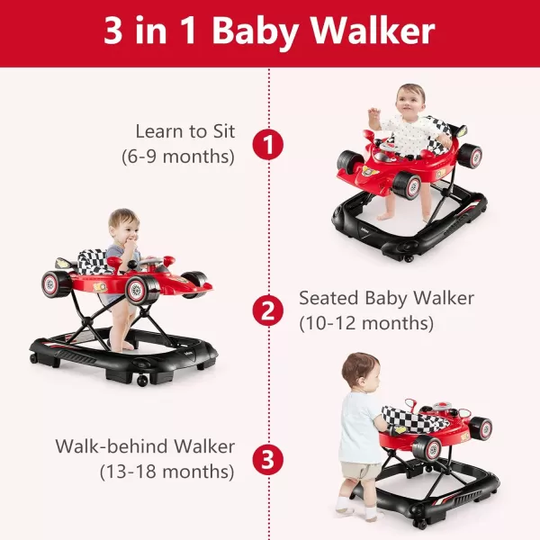 INFANS Foldable Baby Walker, 3 in 1 Toddler Activity Center Leaning-Seated Walk-Behind with Steering Wheel, Adjustable Height, Lights, Music, Washable Seat Cushion 