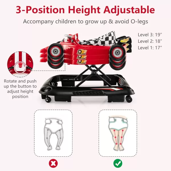 INFANS Foldable Baby Walker, 3 in 1 Toddler Activity Center Leaning-Seated Walk-Behind with Steering Wheel, Adjustable Height, Lights, Music, Washable Seat Cushion 