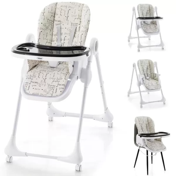 INFANS 4 in 1 Baby High Chair, Convertible Booster Seat, Quick Folding Portable Highchair for Babies and Toddlers with Adjustable Height Backrest Footrest, 4 Lockable Wheels Removable Double Trays
