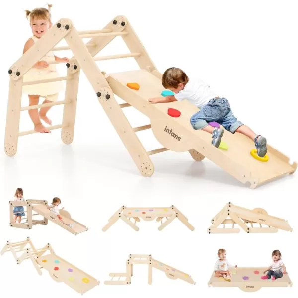 INFANS 7 in 1 Climbing Toys for Toddlers, Upgrade Wooden Montessori Cube Climber Set with Reversible Ramp Slide Ladder Seesaw, Indoor Pikler Climb Activity Jungle Gym Present for Kids Age 3+