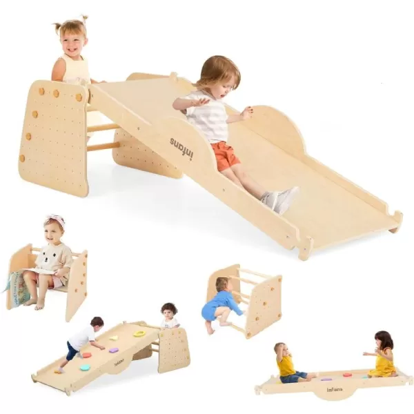 INFANS 7 in 1 Climbing Toys for Toddlers, Upgrade Wooden Montessori Cube Climber Set with Reversible Ramp Slide Ladder Seesaw, Indoor Pikler Climb Activity Jungle Gym Present for Kids Age 3+