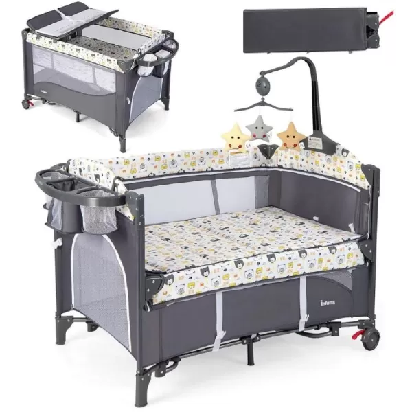 INFANS Pack and Play, Baby Bedside Sleeper with Bassinet, Diaper Changer, Mattress, Carry Bag, Music Box Hanging Toys, Foldable Bedside Crib, Portable Playard for Newborn Toddlers 