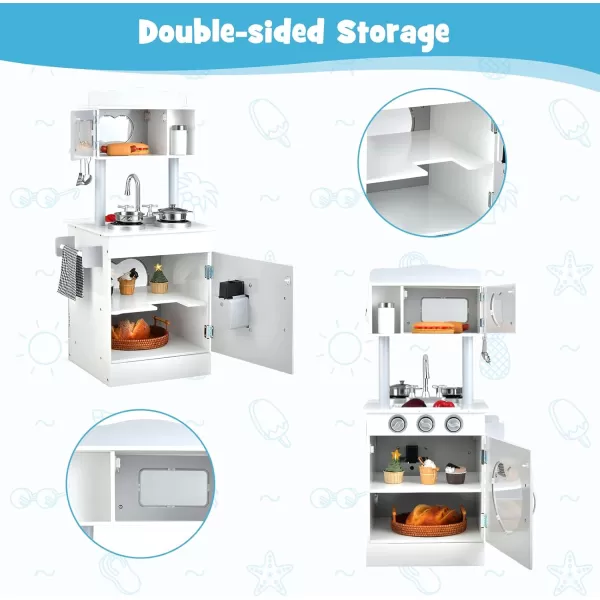 INFANS 2 in 1 Kids Play Kitchen and Restaurant, Double Sided Toddler Wooden Pretend Cooking Set with Stove Sink Microwave Storage Cabinet, Simulation Kitchen Toy Set for Boys Girls 
