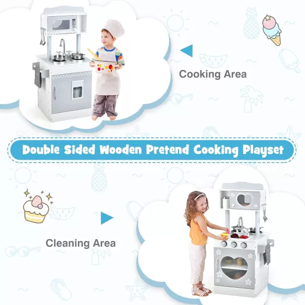 INFANS 2 in 1 Kids Play Kitchen and Restaurant, Double Sided Toddler Wooden Pretend Cooking Set with Stove Sink Microwave Storage Cabinet, Simulation Kitchen Toy Set for Boys Girls 