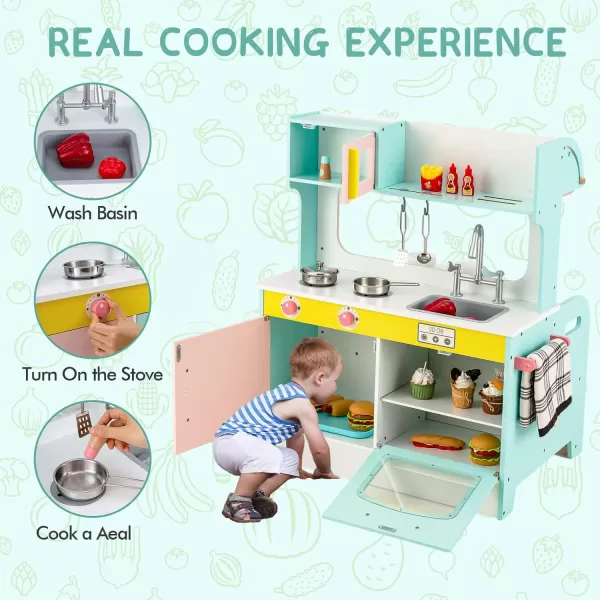 INFANS 2 in 1 Kids Play Kitchen and Restaurant, Double Sided Toddler Wooden Pretend Cooking Set with Stove Sink Microwave Storage Cabinet, Simulation Kitchen Toy Set for Boys Girls 