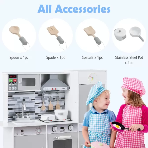 INFANS 2 in 1 Kids Play Kitchen and Restaurant, Double Sided Toddler Wooden Pretend Cooking Set with Stove Sink Microwave Storage Cabinet, Simulation Kitchen Toy Set for Boys Girls 