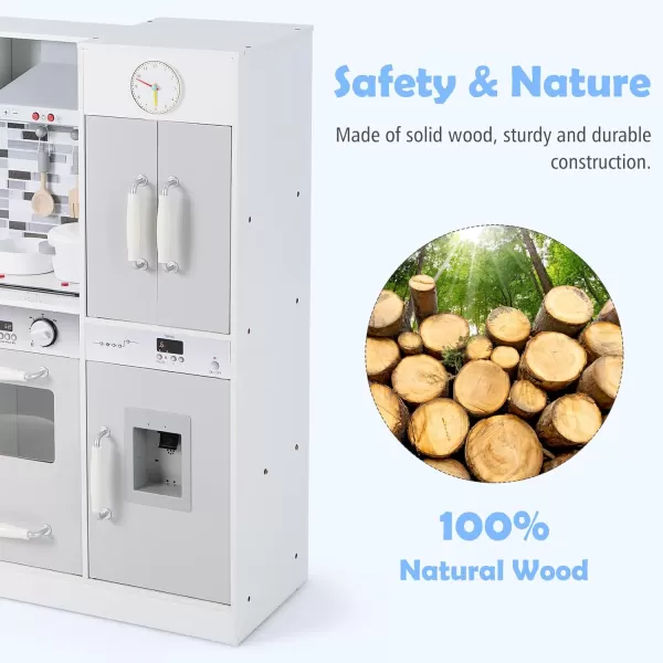 INFANS 2 in 1 Kids Play Kitchen and Restaurant, Double Sided Toddler Wooden Pretend Cooking Set with Stove Sink Microwave Storage Cabinet, Simulation Kitchen Toy Set for Boys Girls 