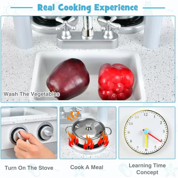 INFANS 2 in 1 Kids Play Kitchen and Restaurant, Double Sided Toddler Wooden Pretend Cooking Set with Stove Sink Microwave Storage Cabinet, Simulation Kitchen Toy Set for Boys Girls 