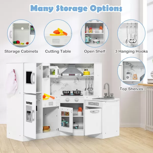 INFANS Corner Kids Kitchen Playset, Ultimate Wooden Pretend Cooking Toy Set with with Water Circulation Realistic Light Sound Stove Sink Storage Cabinet, Simulation Play Kitchen Gift for Boys Girls