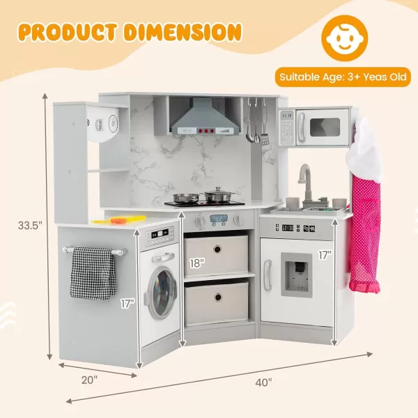 INFANS Corner Kids Kitchen Playset, Ultimate Wooden Pretend Cooking Toy Set with with Water Circulation Realistic Light Sound Stove Sink Storage Cabinet, Simulation Play Kitchen Gift for Boys Girls
